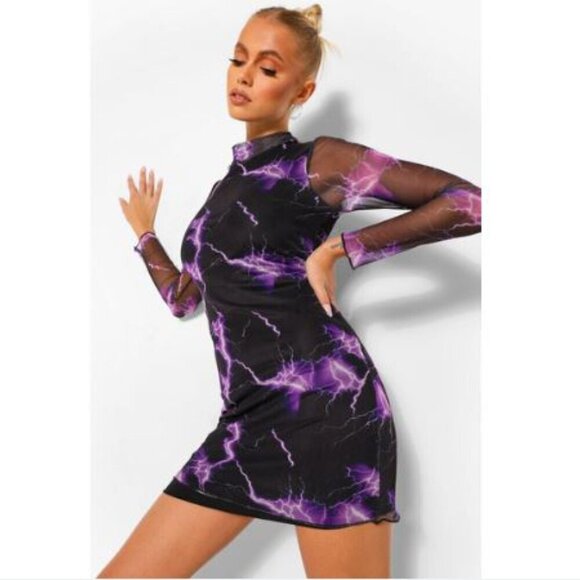 ROMWE | Women's Black and Purple Lightning Print Mesh Sleeve Dress - Picture 1 of 11
